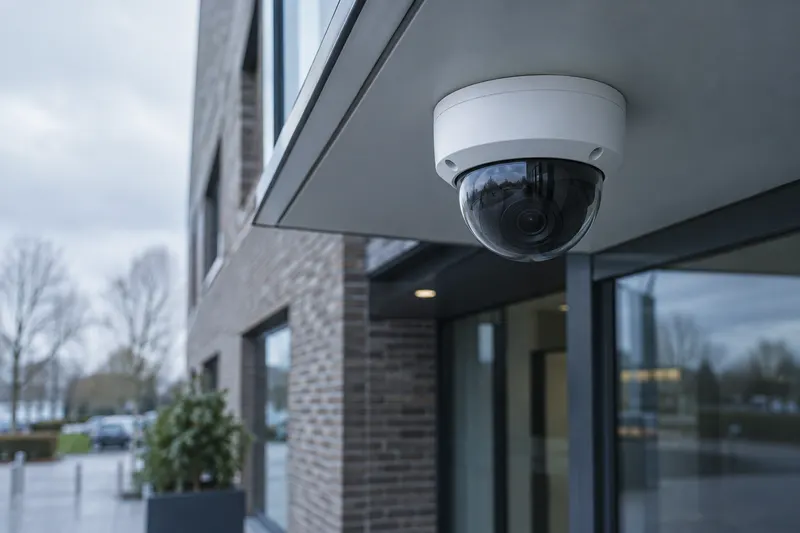 Hikvision dome-camera onder de overkapping van een bedrijfspand