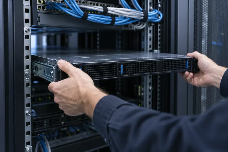Technicus schuift een server in een 19-inch serverrack