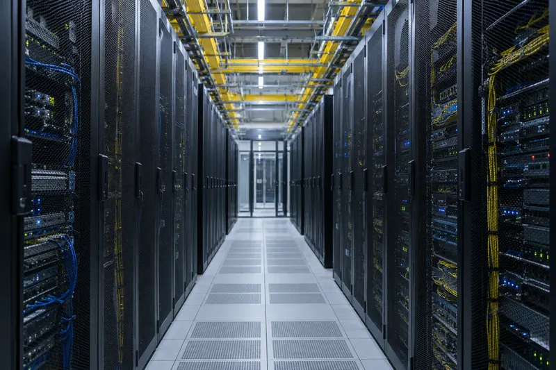 Gangpad met serverracks en gele glasvezelgoten in een datacenter