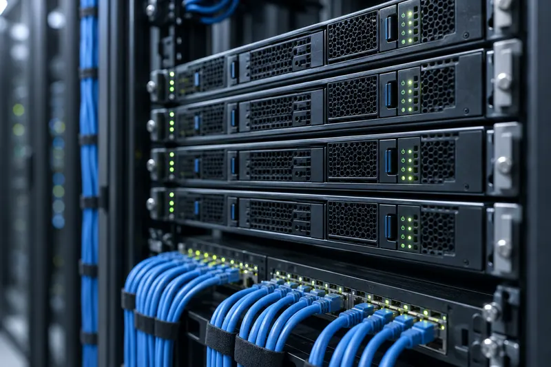 Rij nameservers met statuslampjes in een serverrack