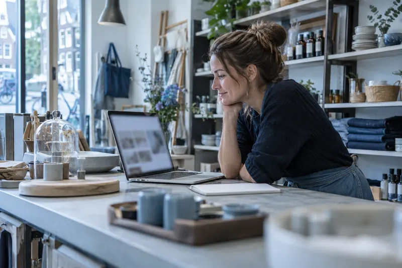 Ondernemer bekijkt haar webshop op een laptop in de winkel