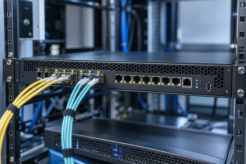 MikroTik-router met glasvezelaansluitingen in een serverrack