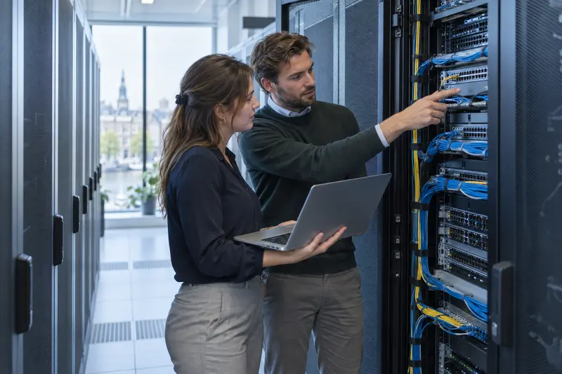 Twee technici overleggen bij een serverrack in een datacenter