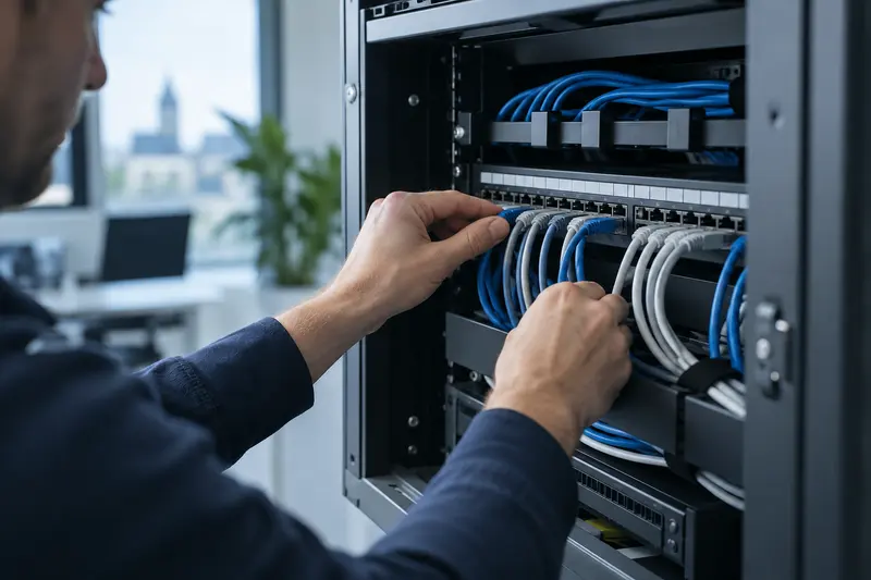 Technicus sluit netwerkkabels aan in een serverkast