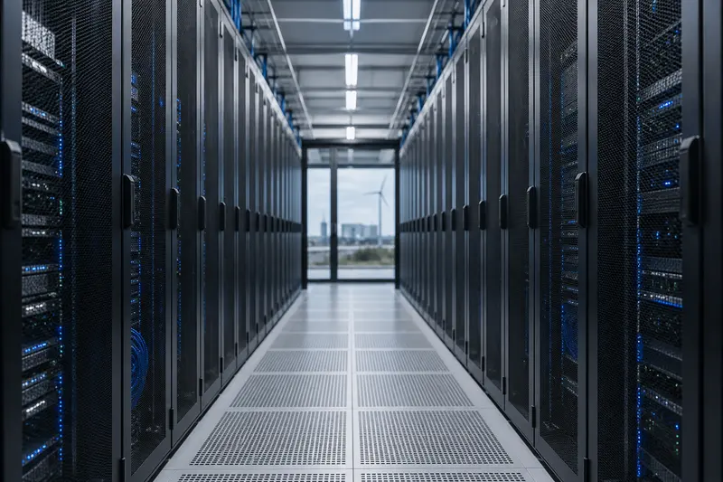 Gangpad in een datacenter met serverracks aan beide kanten