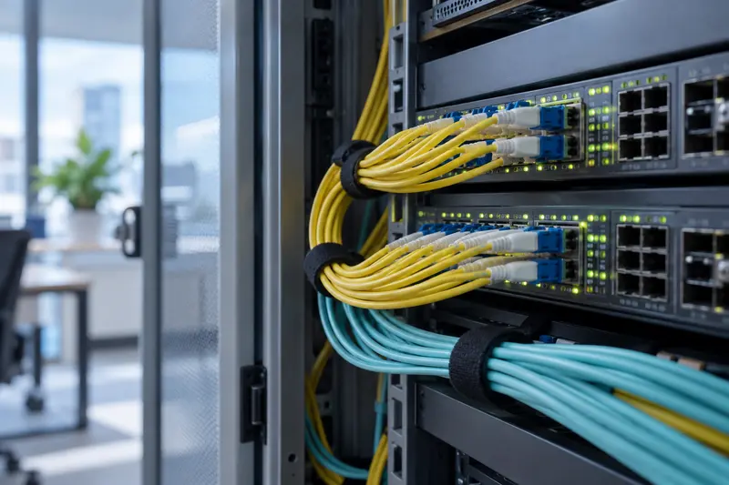 Glasvezelkabels aangesloten op een netwerkswitch in een serverkast