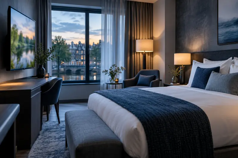 Hotelkamer met een televisie aan de wand