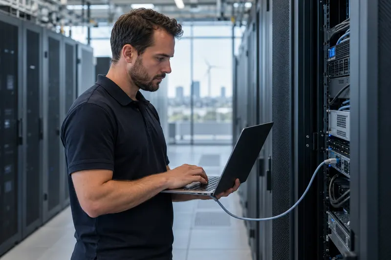Technicus met een laptop aangesloten op een serverrack