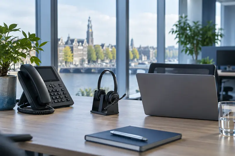 Bureau met een IP-telefoon en een draadloze headset
