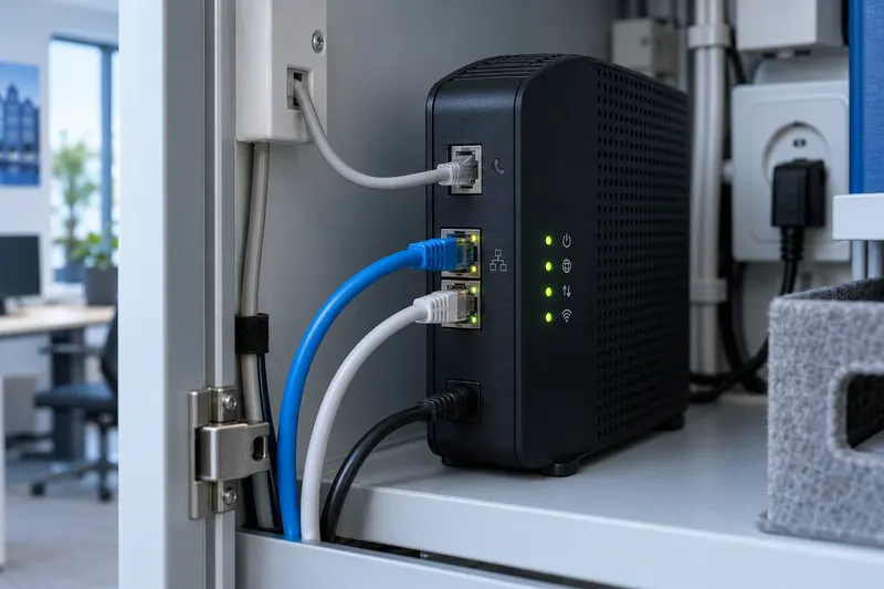 VDSL-modem met telefoonlijn en netwerkkabels in een meterkast