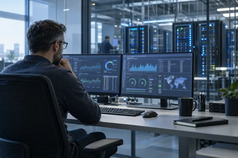 Systeembeheerder bekijkt monitoringdashboards met een datacenter op de achtergrond