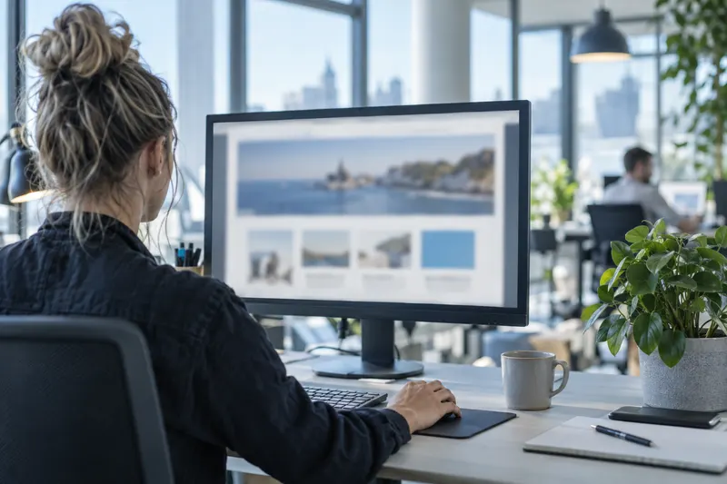 Webdesigner werkt aan een website op een groot scherm