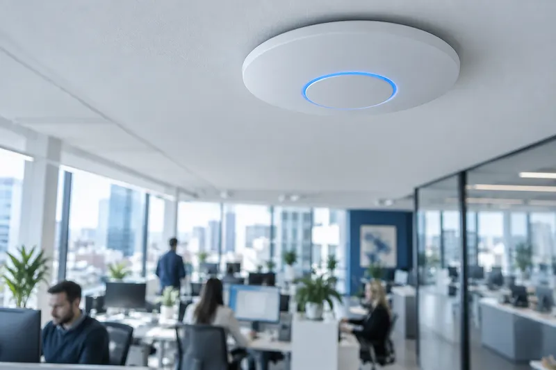 UniFi access point aan het plafond van een kantoor